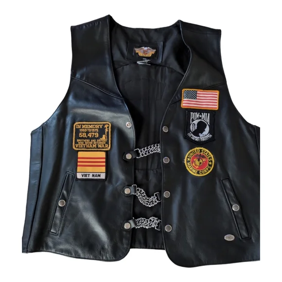 Harley Davidson XXL black leather vest Vietnam patches American Flag Biker Pow - Picture 5 of 10